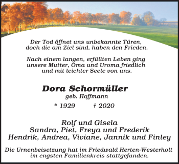 Traueranzeige von Dora Schormüller von WVW Anzeigenblätter