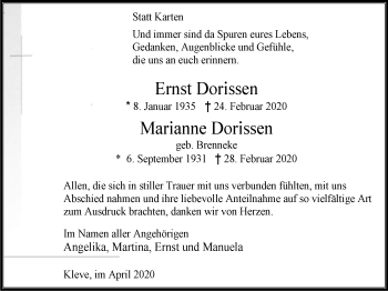 Traueranzeige von Ernst und Marianne Dorissen von WVW Anzeigenblätter