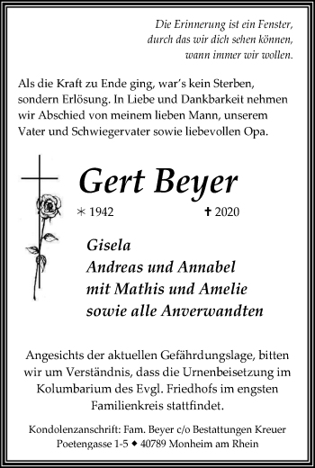 Traueranzeige von Gert Beyer von WVW Anzeigenblätter
