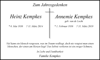 Traueranzeige von Heinz und Annemie Kempkes von WVW Anzeigenblätter