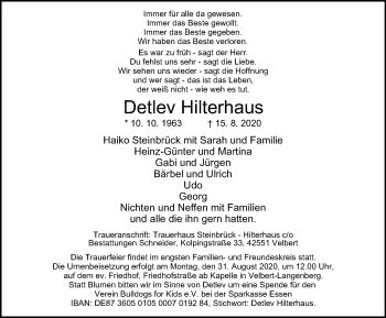 Traueranzeige von Detlev Hilterhaus von WVW Anzeigenblätter
