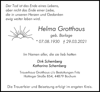 Traueranzeige von Helma Grotthaus von WVW Anzeigenblätter