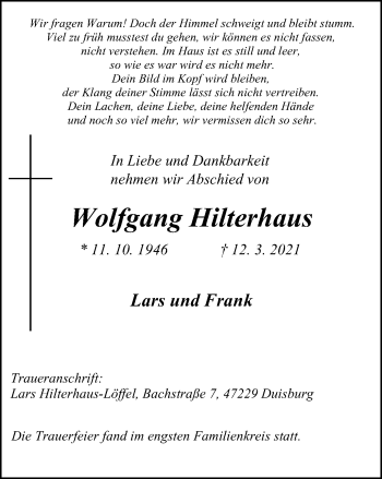Traueranzeige von Wolfgang Hilterhaus von WVW Anzeigenblätter