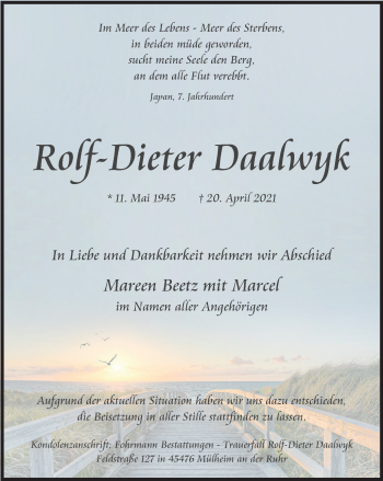 Traueranzeige von Raff-Dieter Daalwyk von WVW Anzeigenblätter