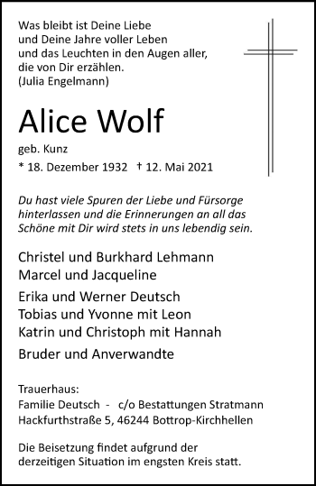 Traueranzeige von Alice Wolf von WVW Anzeigenblätter