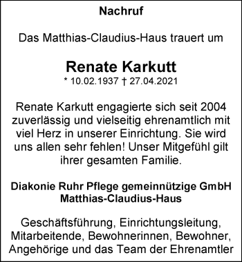 Traueranzeige von Renate Karkutt von WVW Anzeigenblätter