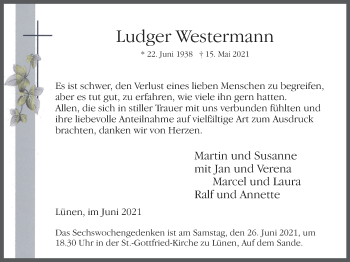Traueranzeige von Ludger Westermann von WVW Anzeigenblätter