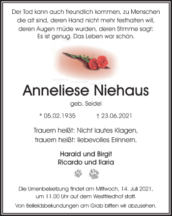 Traueranzeige von Anneliese Niehaus von WVW Anzeigenblätter