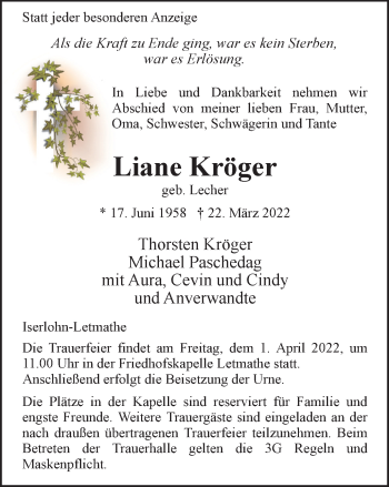 Traueranzeige von Liane Kröger von WVW Anzeigenblätter
