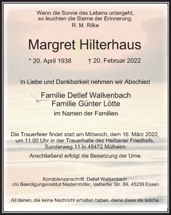 Traueranzeige von Margret Hilterhaus von WVW Anzeigenblätter