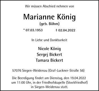 Traueranzeige von Marianne König von WVW Anzeigenblätter