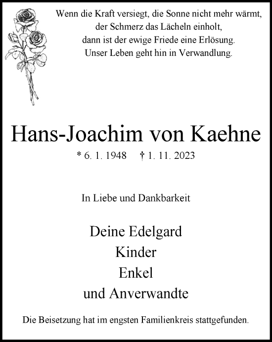 Traueranzeige von Hans-Joachim von Kaehne von Tageszeitung
