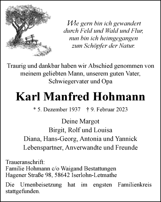 Traueranzeige von Karl Manfred Hohmann von WVW Anzeigenblätter