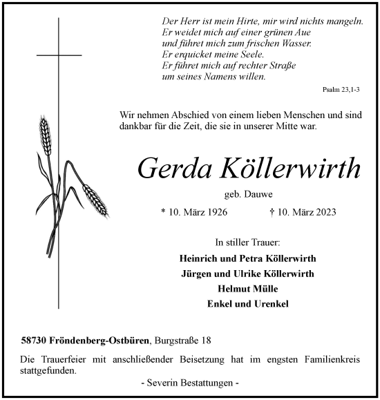 Traueranzeige von Gerda Köllerwirth von WVW Anzeigenblätter