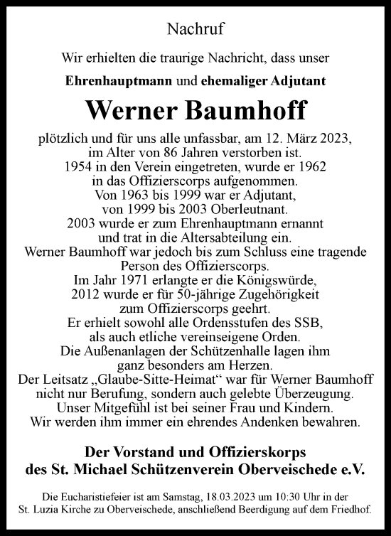 Traueranzeige von Werner Baumhoff von Tageszeitung
