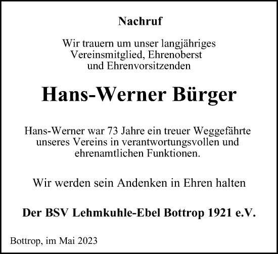 Traueranzeige von Hans-Werner Bürger von Tageszeitung