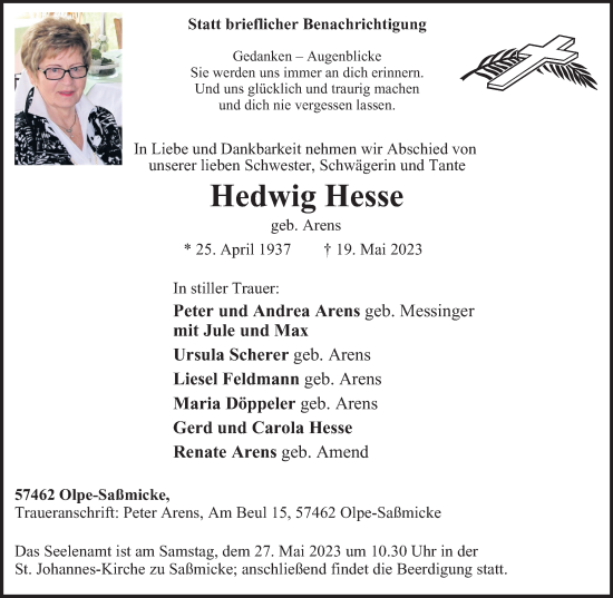 Traueranzeige von Hedwig Hesse von Tageszeitung