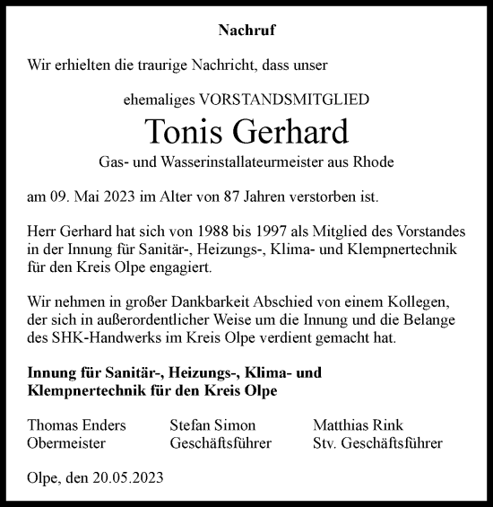 Traueranzeige von Tonis Gerhard von Tageszeitung