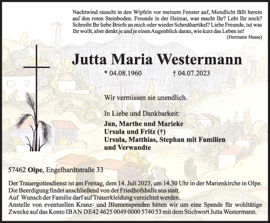 Traueranzeige von Jutta Maria Westermann von Tageszeitung