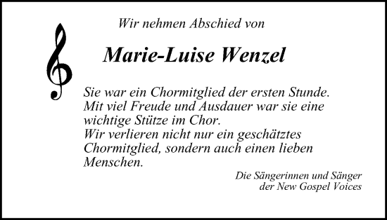 Traueranzeige von Marie-Luise Wenzel von Tageszeitung