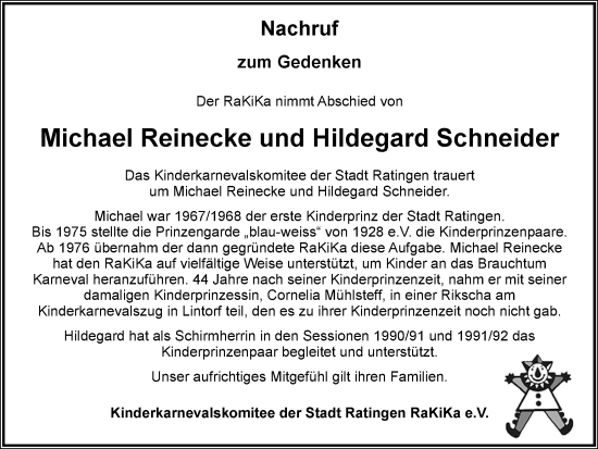 Traueranzeige von Michael und Hildegard Reinecke und Schneider von Tageszeitung
