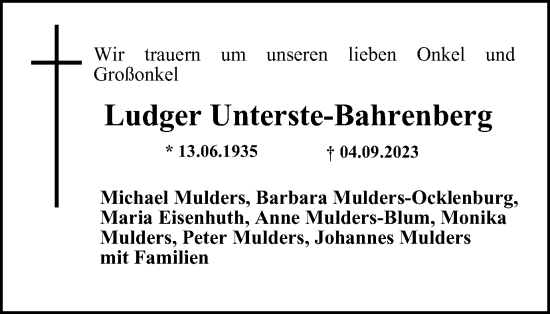 Traueranzeige von Ludger Unterste-Bahrenberg von Tageszeitung