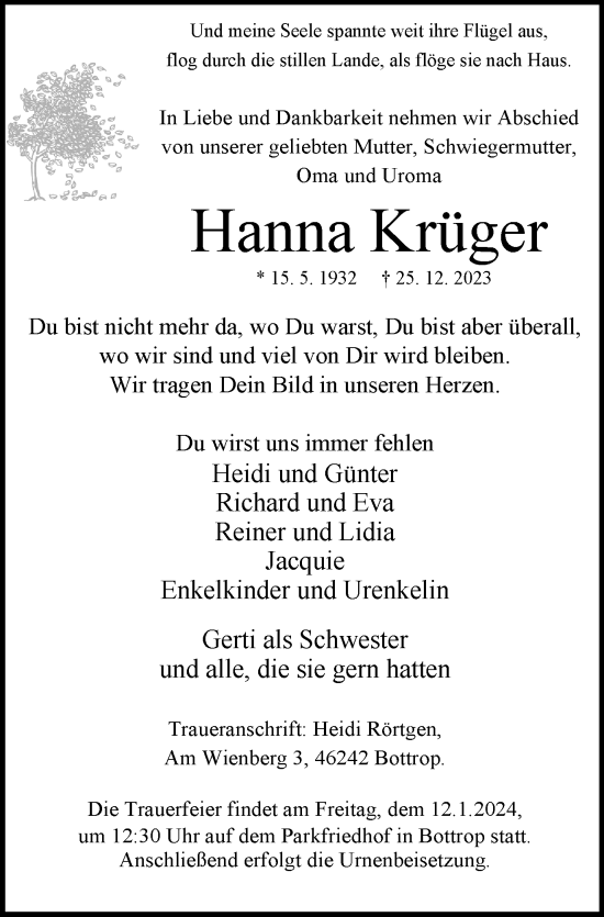Traueranzeige von Hanna Krüger von Tageszeitung