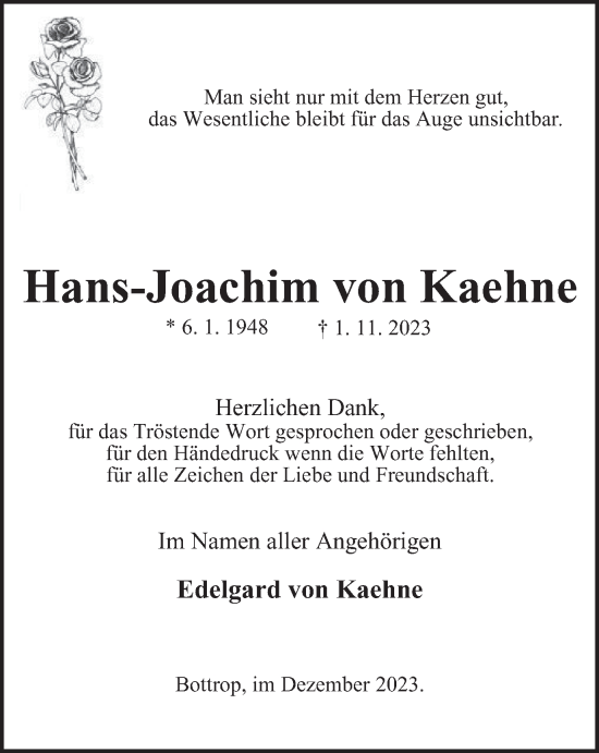 Traueranzeige von Hans-Joachim von Kaehne von Tageszeitung