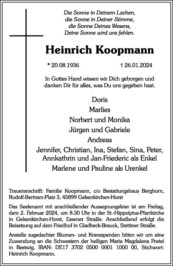 Traueranzeige von Heinrich Koopmann von Tageszeitung