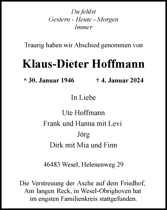 Traueranzeige von Klaus-Dieter Hoffmann von Tageszeitung