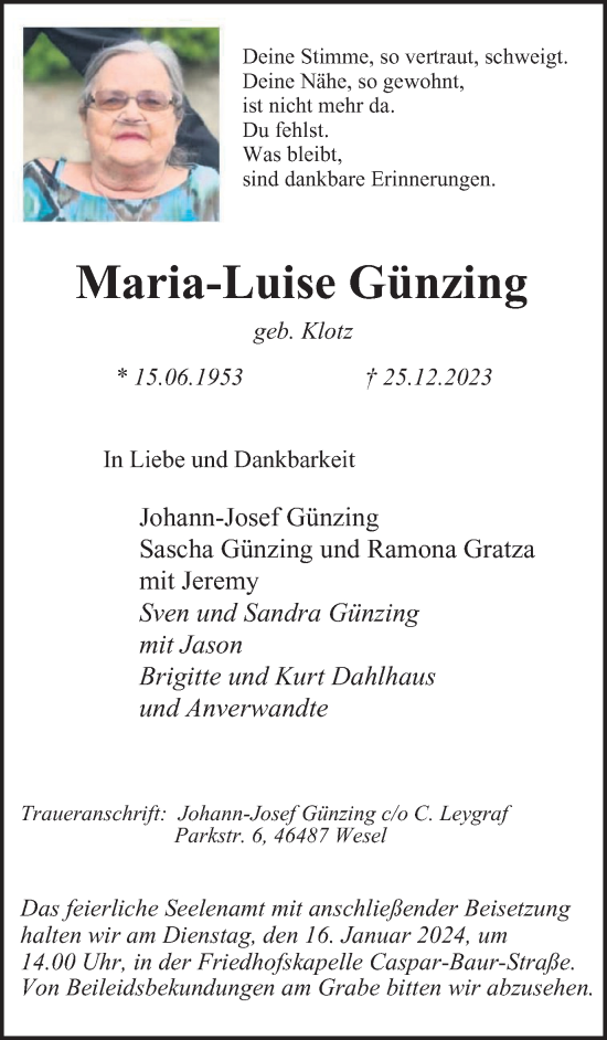Traueranzeige von Maria-Luise Günzing von Tageszeitung