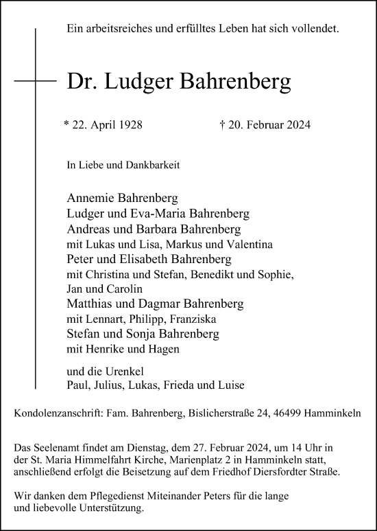 Traueranzeige von Dr. Ludger Bahrenberg von Tageszeitung