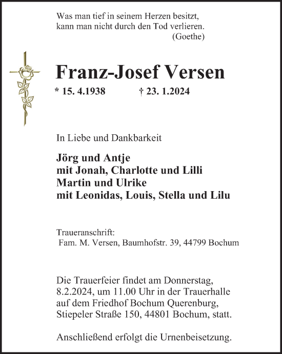 Traueranzeige von Franz-Josef Versen von Tageszeitung