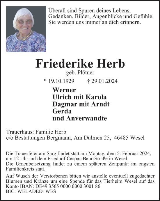 Traueranzeige von Friederike Herb von Tageszeitung