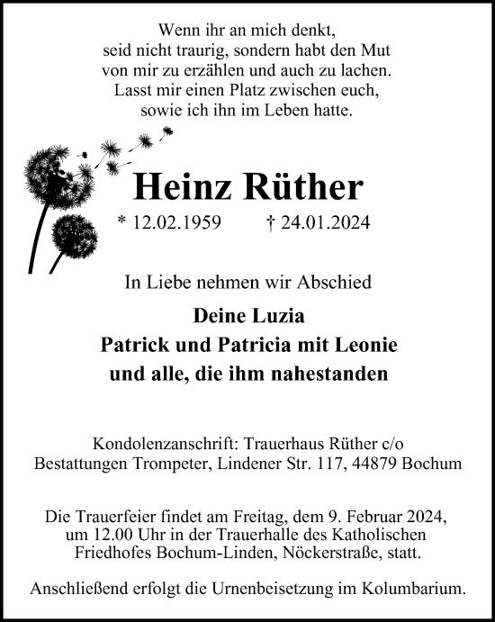 Traueranzeige von Heinz Rüther von Tageszeitung