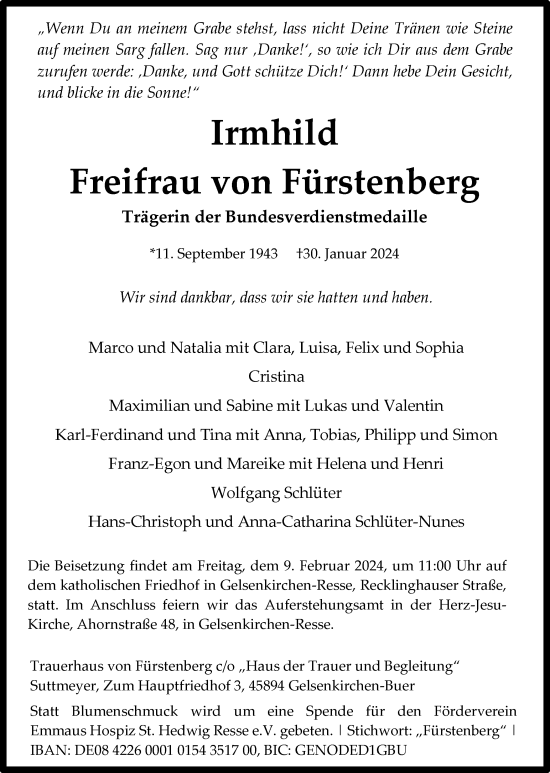 Traueranzeige von Irmhild Freifrau von Fürstenberg von Tageszeitung