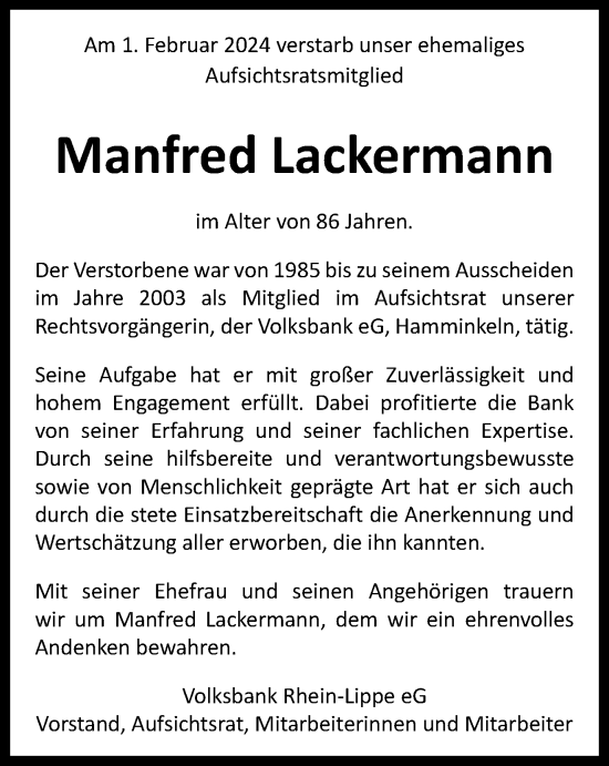Traueranzeige von Manfred Lackermann von Tageszeitung