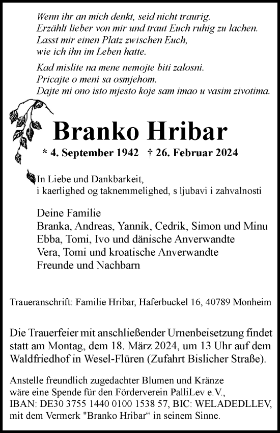 Traueranzeige von Branko Hribar von Tageszeitung