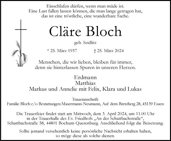 Traueranzeige von Cläre Bloch von Tageszeitung