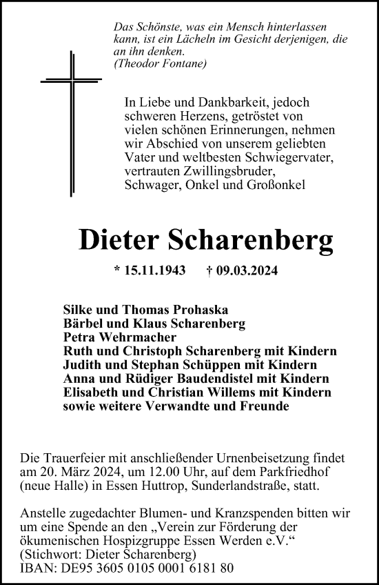 Traueranzeige von Dieter Scharenberg von Tageszeitung