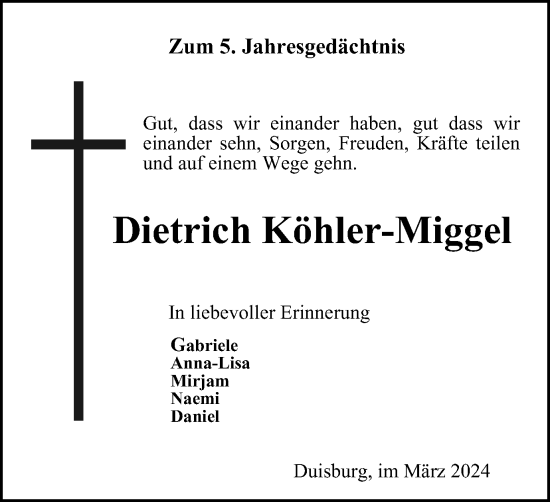 Traueranzeige von Dietrich Köhler-Miggel von Tageszeitung