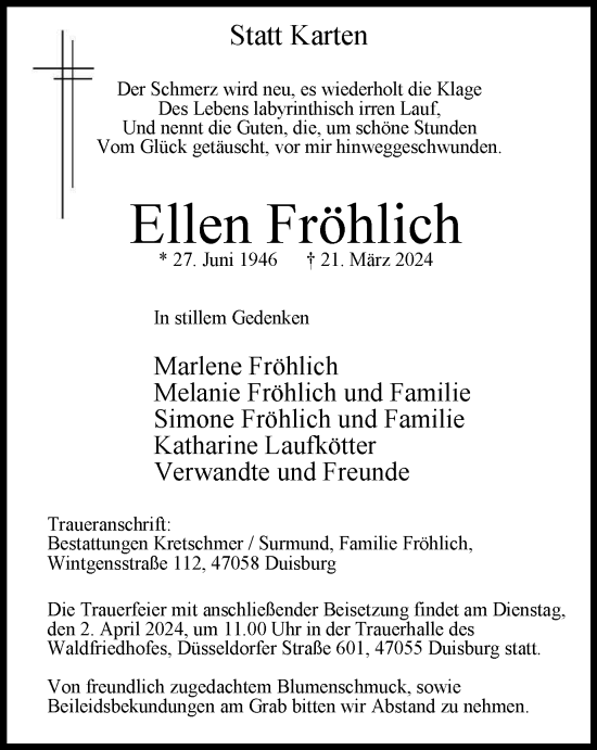 Traueranzeige von Ellen Fröhlich von Tageszeitung