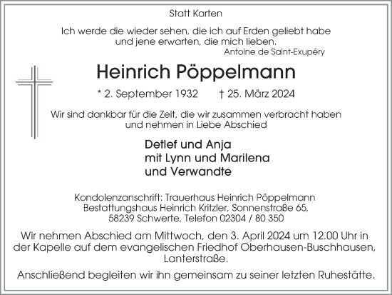 Traueranzeige von Heinrich Pöppelmann von Tageszeitung