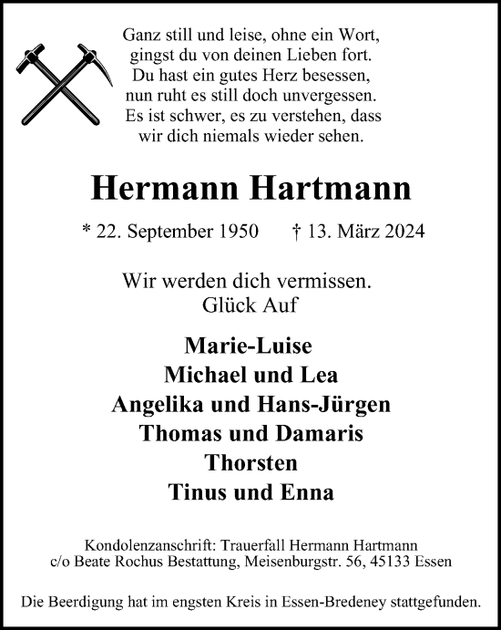 Traueranzeige von Hermann Hartmann von Tageszeitung