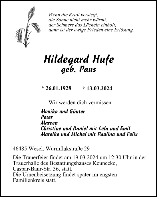 Traueranzeige von Hildegard Hufe von Tageszeitung