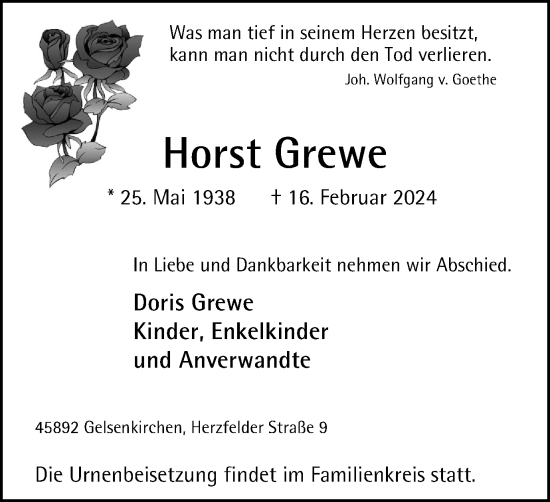 Traueranzeige von Horst Grewe von Tageszeitung