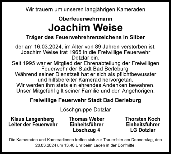 Traueranzeige von Joachim Weise von Tageszeitung