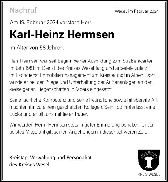Traueranzeige von Karl-Heinz Hermsen von Tageszeitung