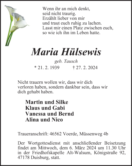 Traueranzeige von Maria Hülsewis von Tageszeitung