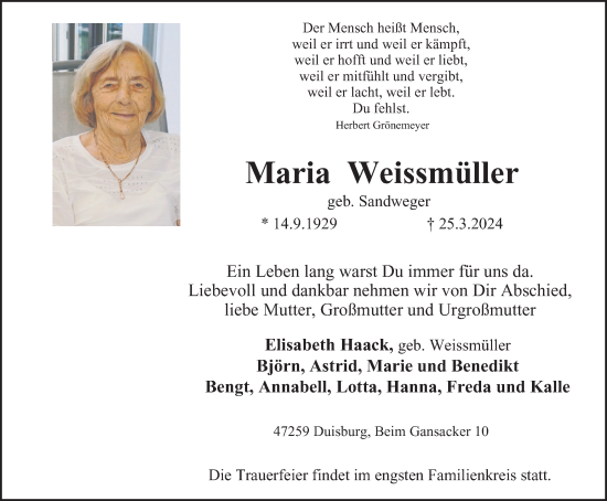 Traueranzeige von Maria Weissmüller von Tageszeitung